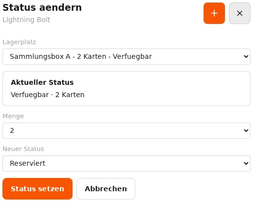 Status-ändern-Modal mit Mengen-Auswahl und Status-Dropdown