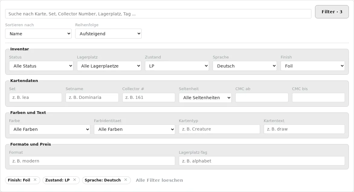 Erweiterte Filter mit Zustand, Sprache und Finish