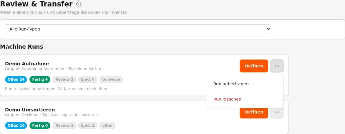 Run-Übersicht im Review & Transfer-Tab